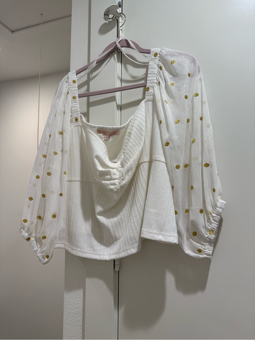 Hutch White Crop Top with Sheer Gold Dot Puff Sleeves - Picture 2 of 6